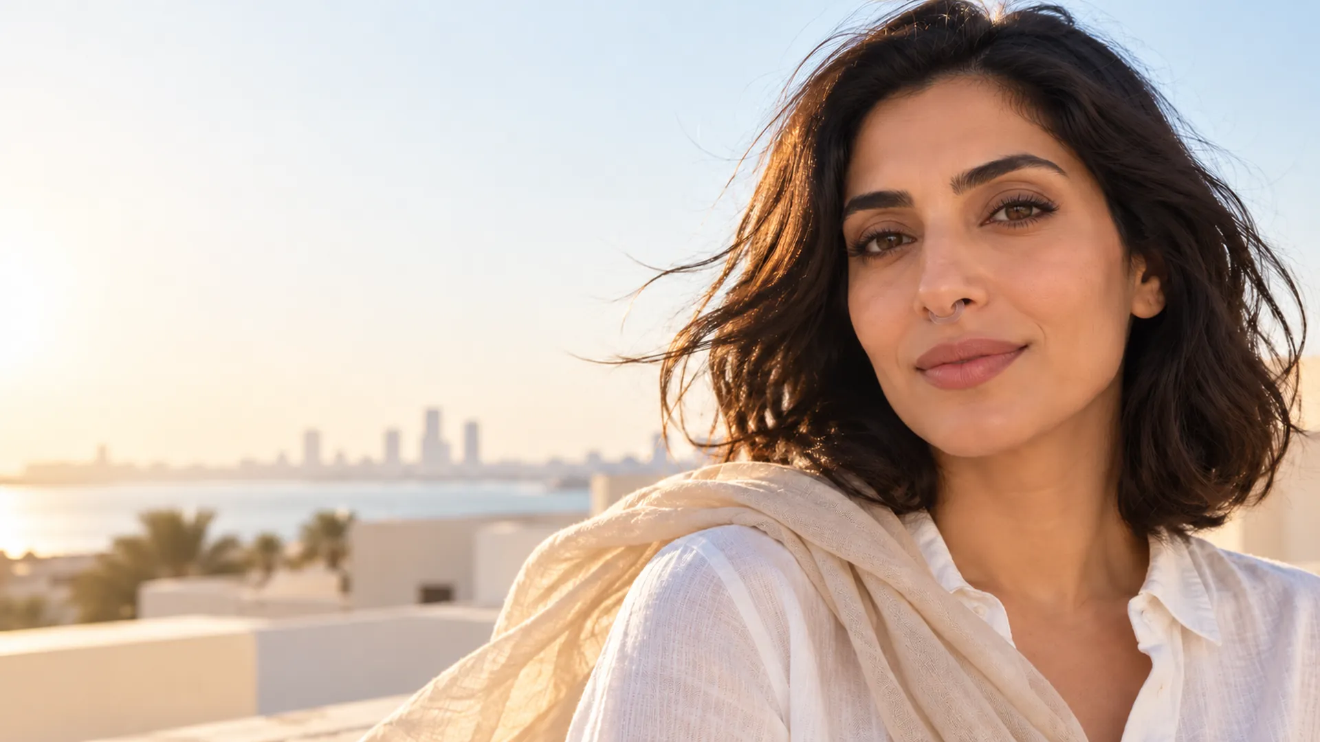 A woman on a sunny Gulf rooftop, hair in the breeze, wearing NASMA