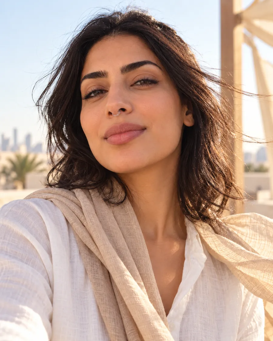 A woman on a breezy rooftop wearing NASMA