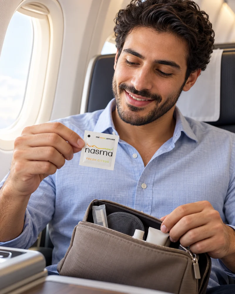 A passenger taking a NASMA pouch from an amenity bag