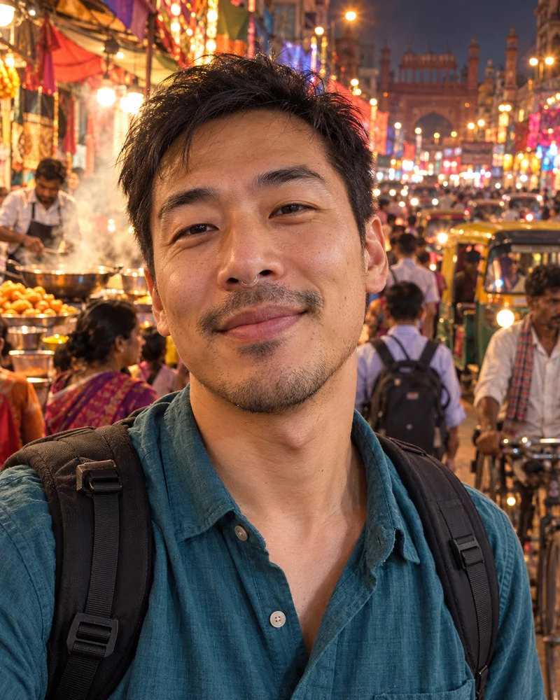 A backpacker in a crowded evening market wearing NASMA