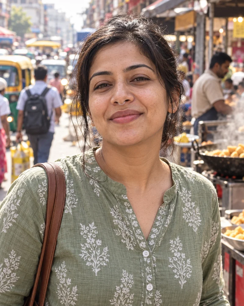 A woman in a busy food market wearing NASMA