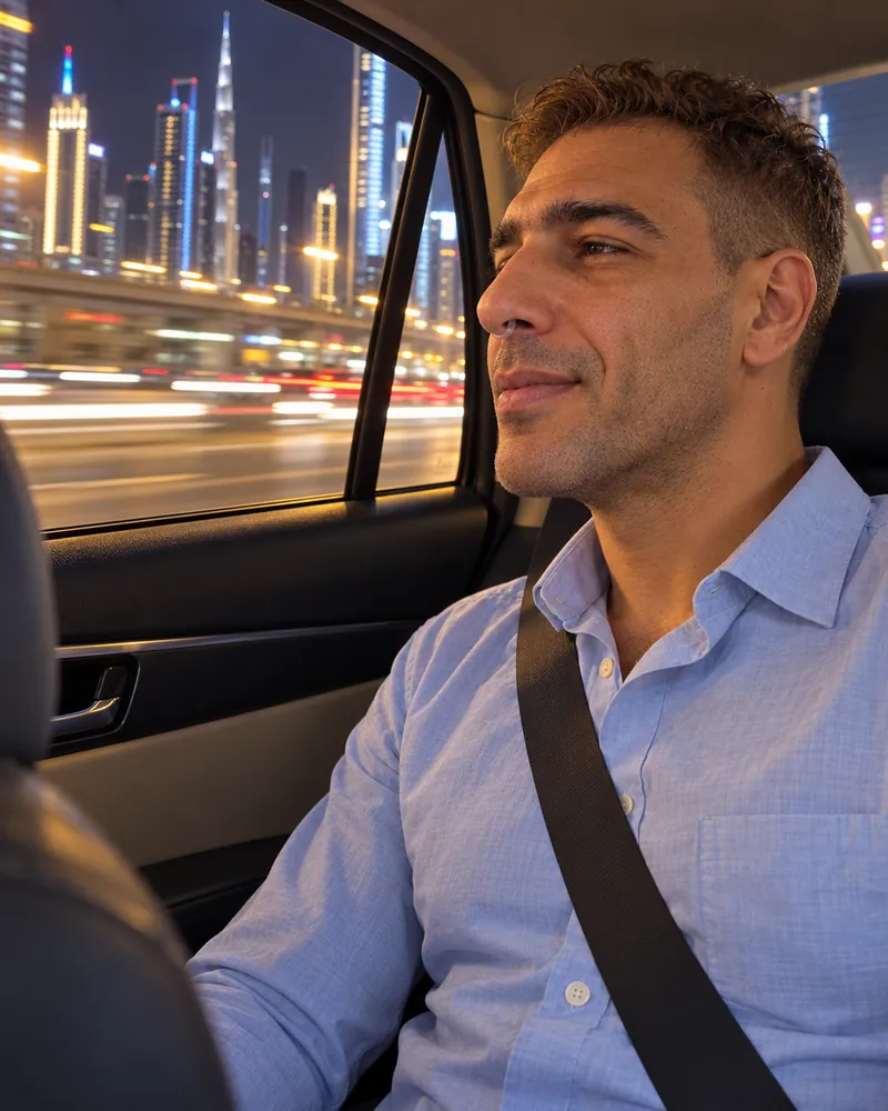 A man in the back of a taxi at night, city lights outside, wearing NASMA