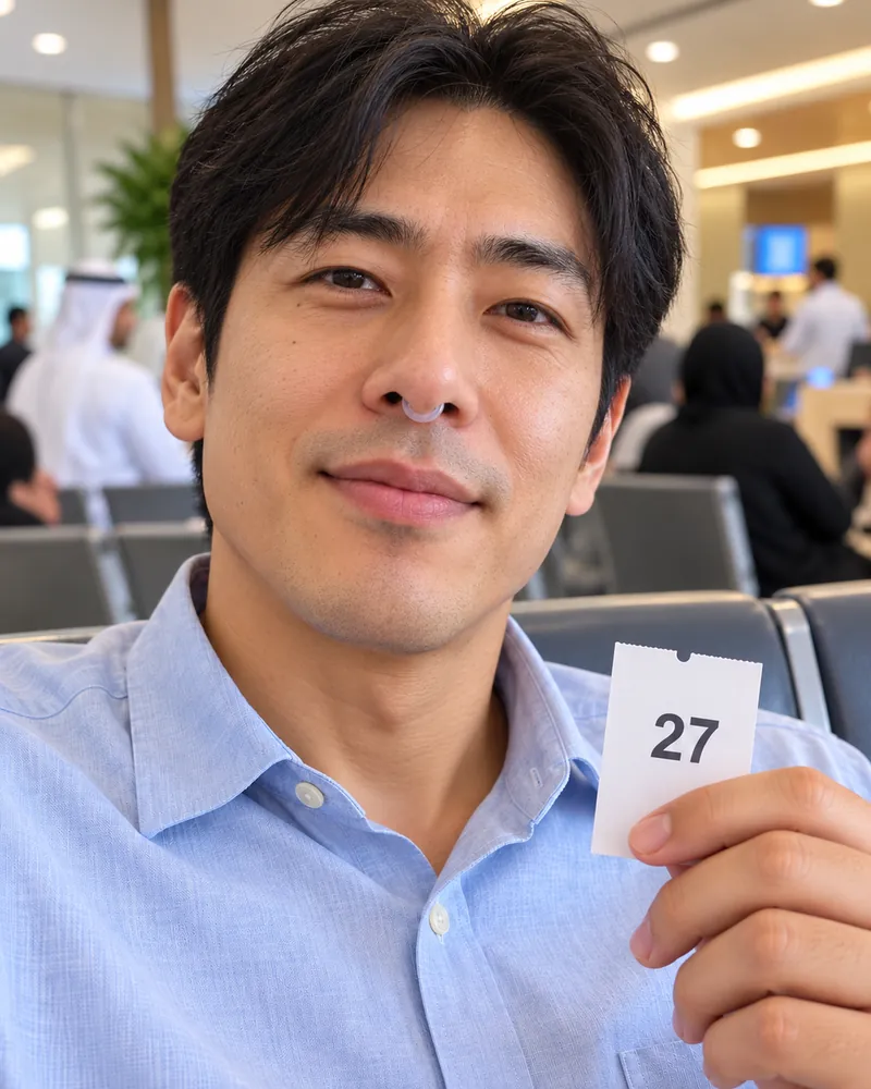 A man in a busy waiting area holding a queue ticket, wearing NASMA