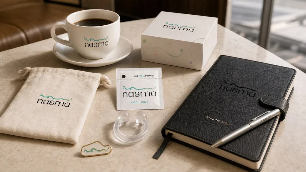 NASMA with coffee, notebook and branded pouch on a desk